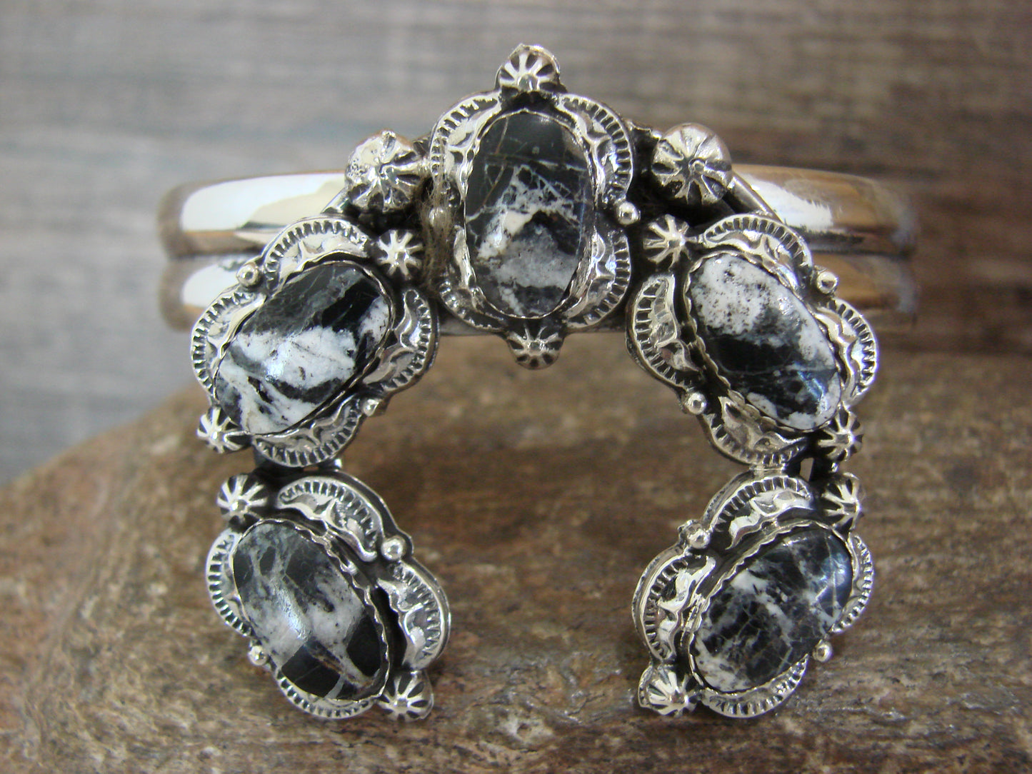Native American Sterling Silver & White Buffalo Turquoise Naja Bracelet by Yazzie