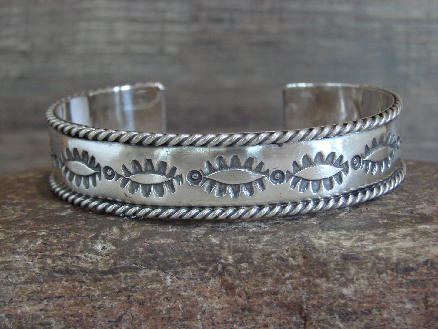 Native American Hand Stamped Sterling Silver Bracelet Cuff by Bahe