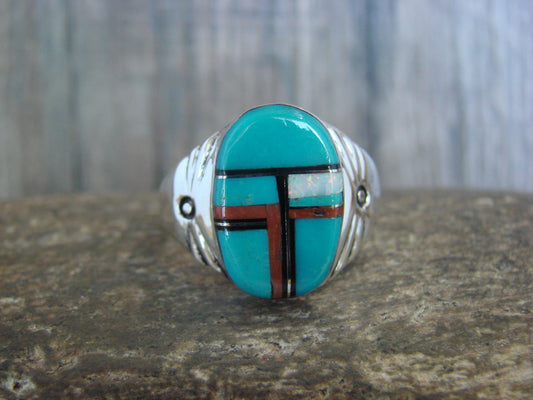 Native American Sterling Silver Turquoise Inlay Ring - Size 13 - Lincoln