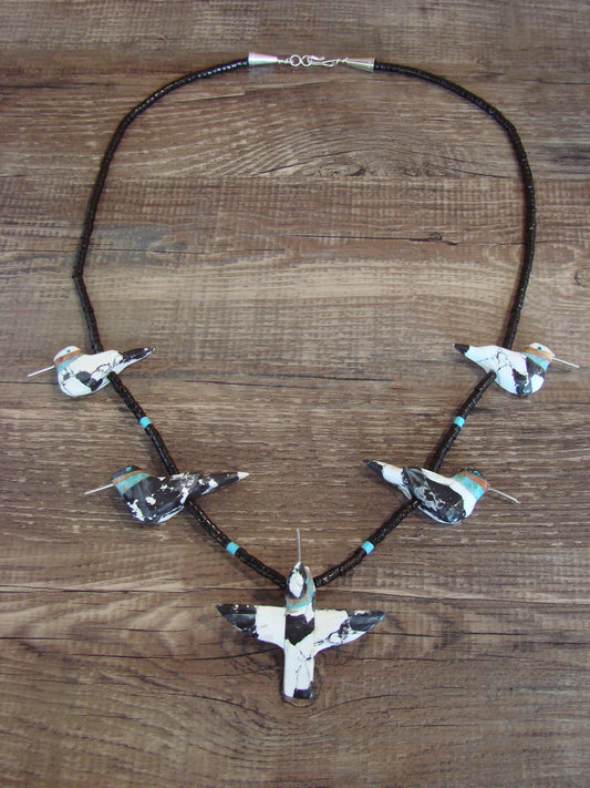 Hand Carved White Marble Turquoise Hummingbird Fetish Necklace Matt Mitchell