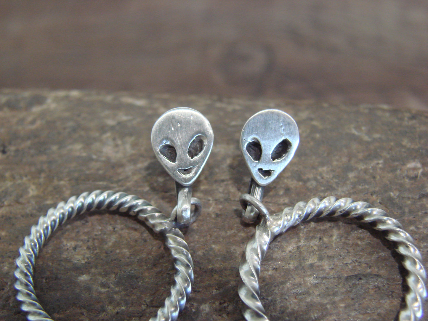 Native American Sterling Silver Alien Post Dangle Hoop Earrings - Coho