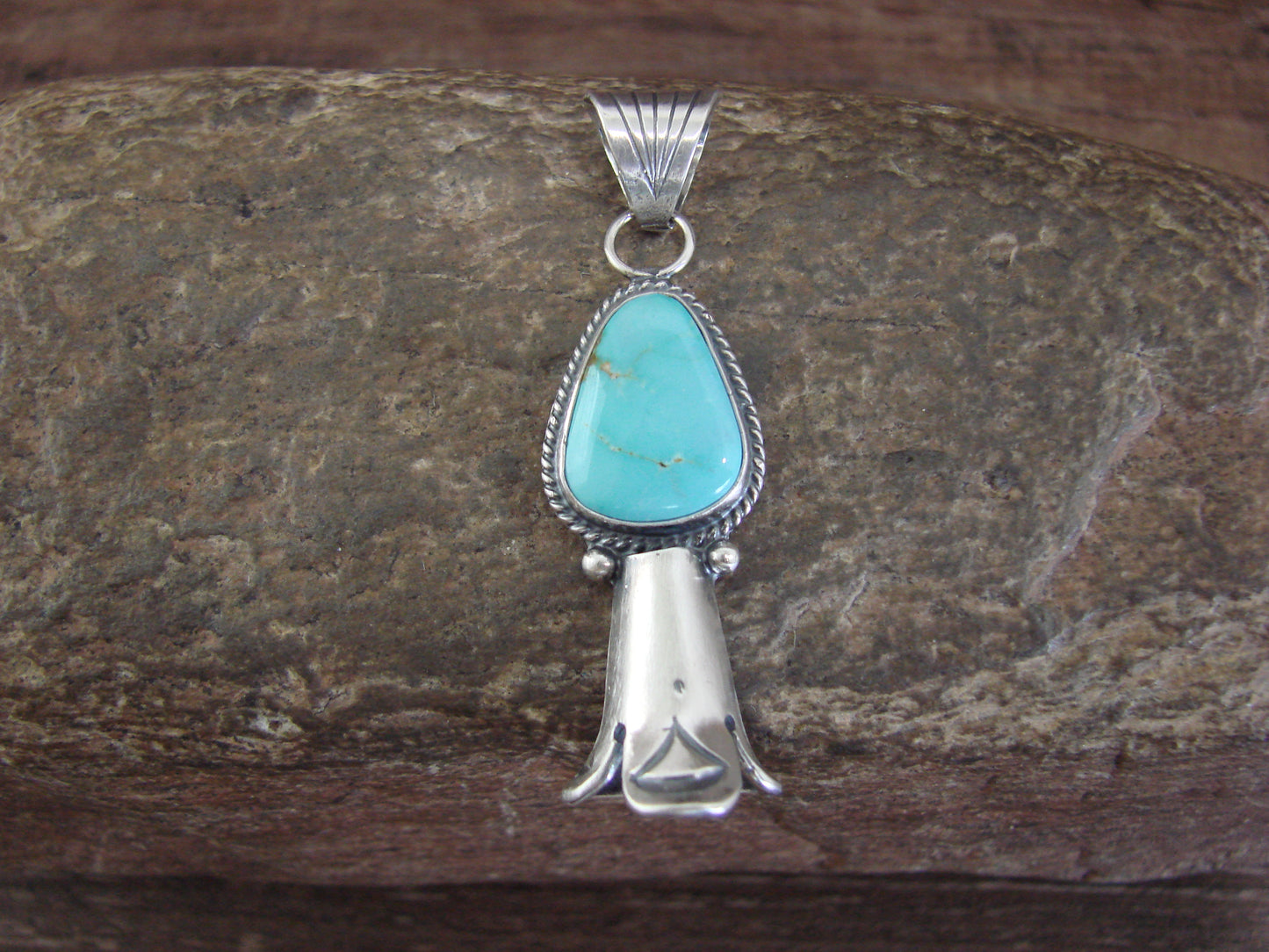 Native American Sterling Silver & Turquoise Squash Blossom Pendant by Betone