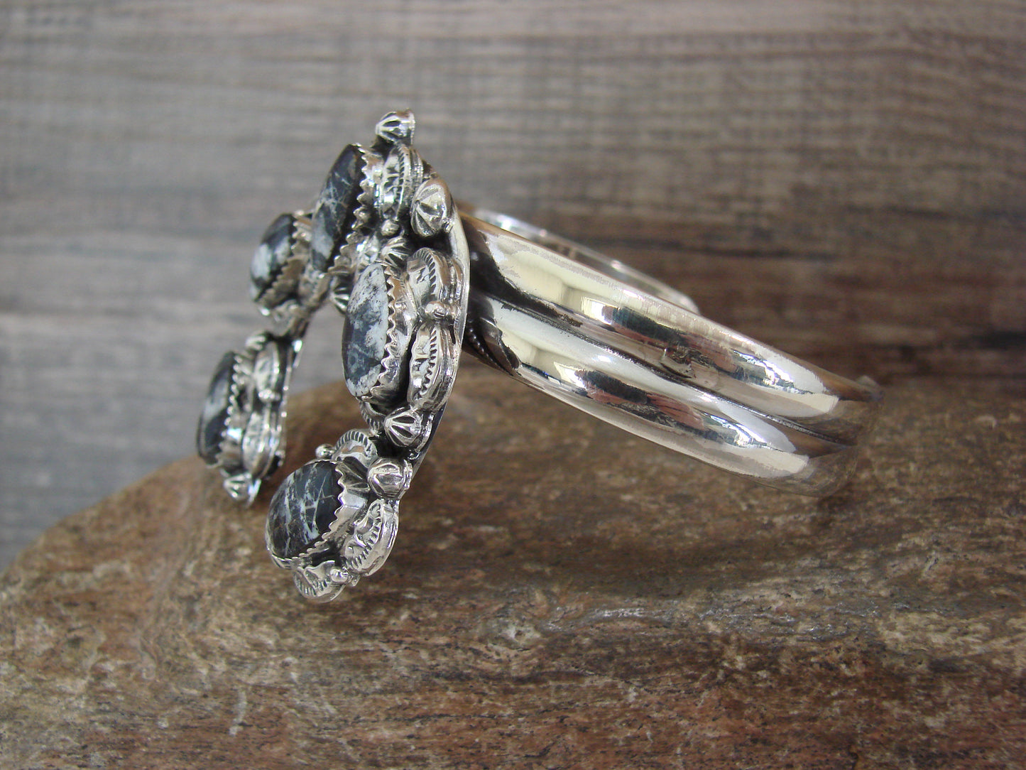 Native American Sterling Silver & White Buffalo Turquoise Naja Bracelet by Yazzie