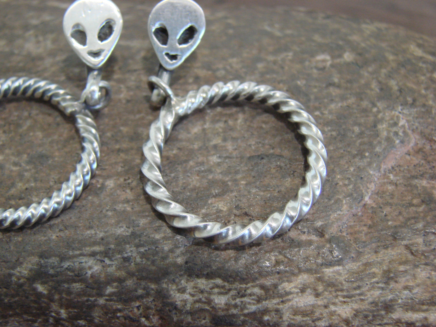 Native American Sterling Silver Alien Post Dangle Hoop Earrings - Coho