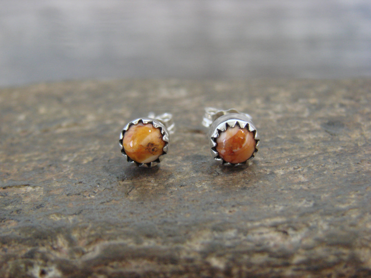 Native American Sterling Silver & Spiny Oyster Dot Stud Post Earrings by Martinez
