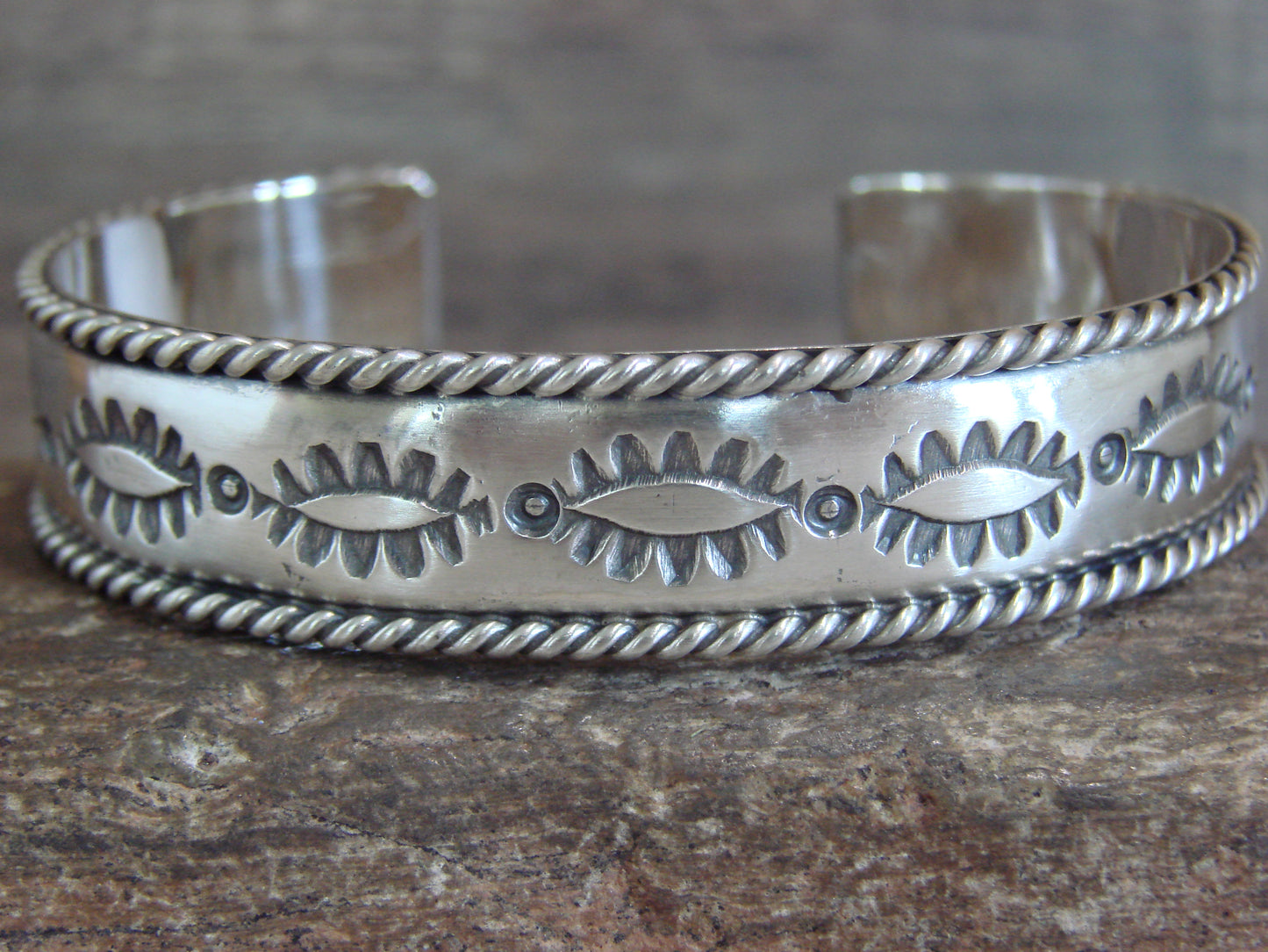 Native American Hand Stamped Sterling Silver Bracelet Cuff by Bahe