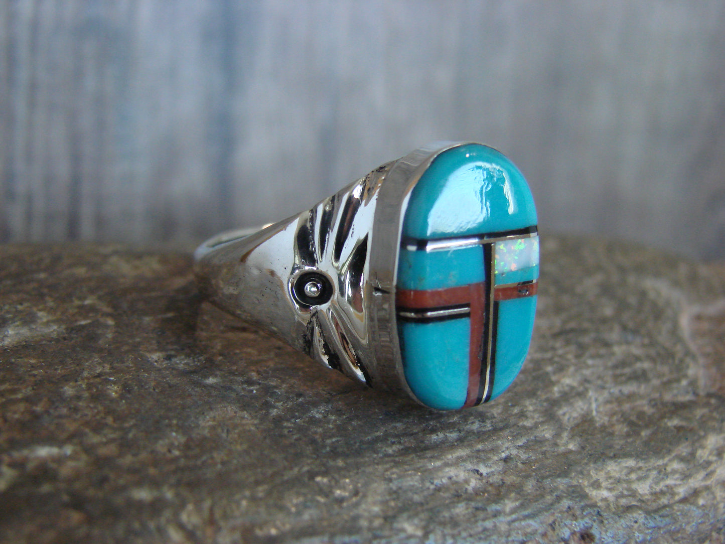 Native American Sterling Silver Turquoise Inlay Ring - Size 13 - Lincoln