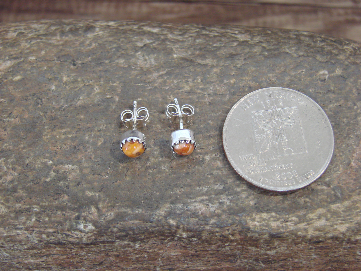Native American Sterling Silver & Spiny Oyster Dot Stud Post Earrings by Martinez