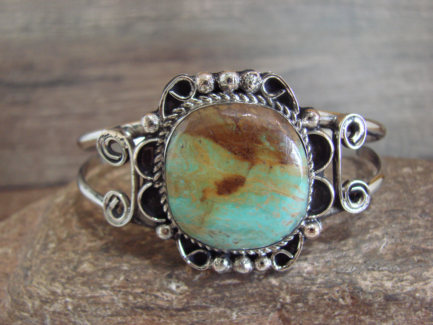 Native American Nickel Silver & Turquoise Bracelet by Cleveland