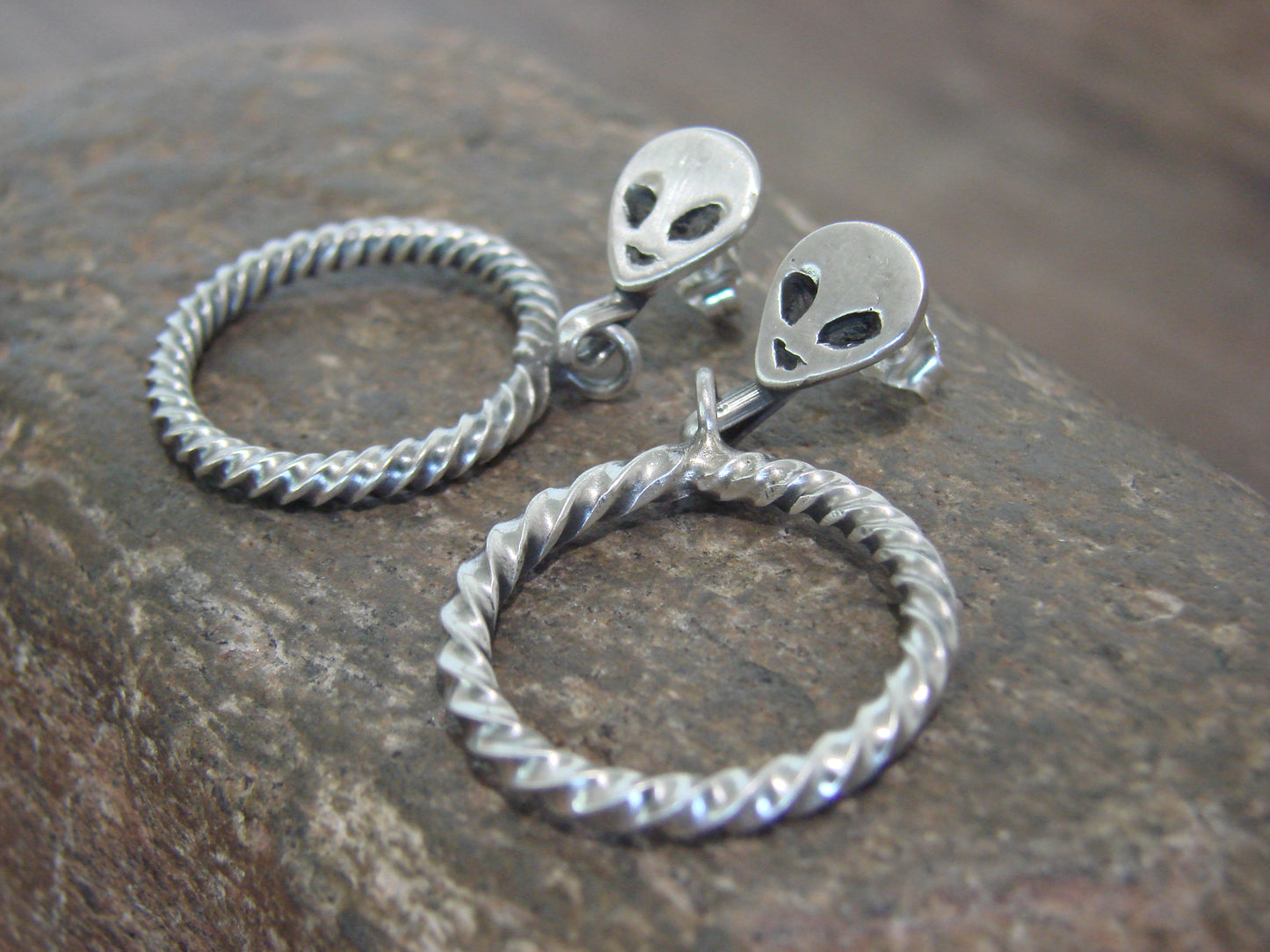 Native American Sterling Silver Alien Post Dangle Hoop Earrings - Coho