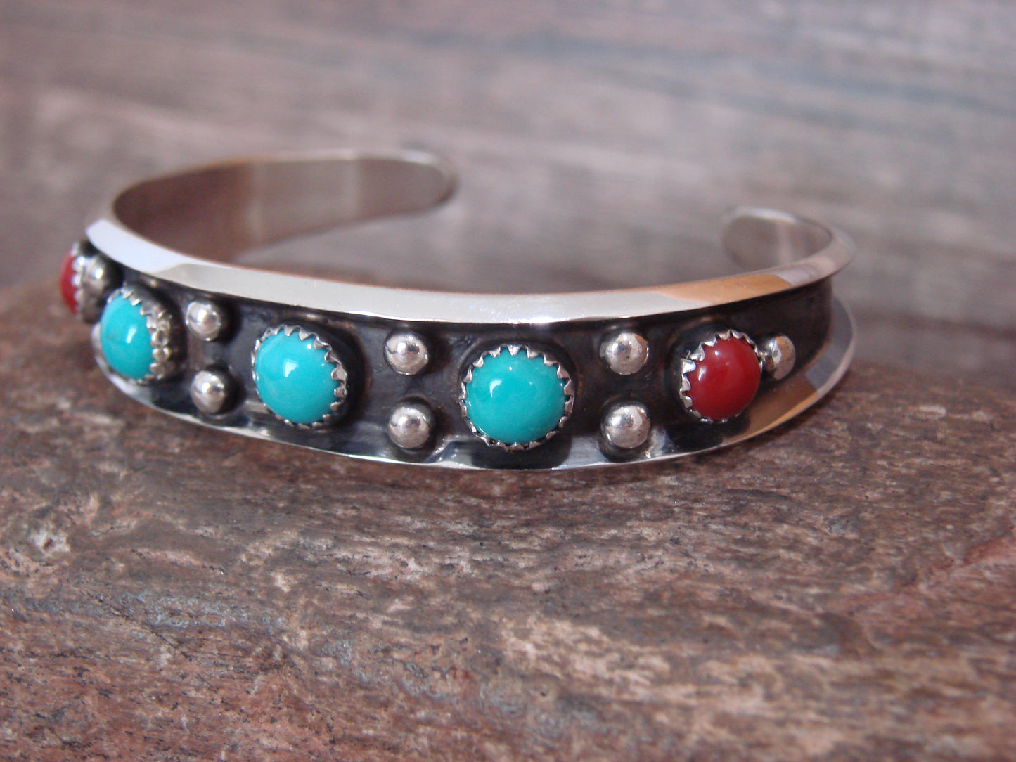 Native American Sterling Silver Turquoise & Coral Bracelet Cuff Signed Largo