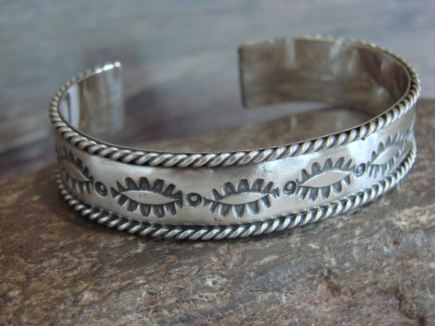 Native American Hand Stamped Sterling Silver Bracelet Cuff by Bahe