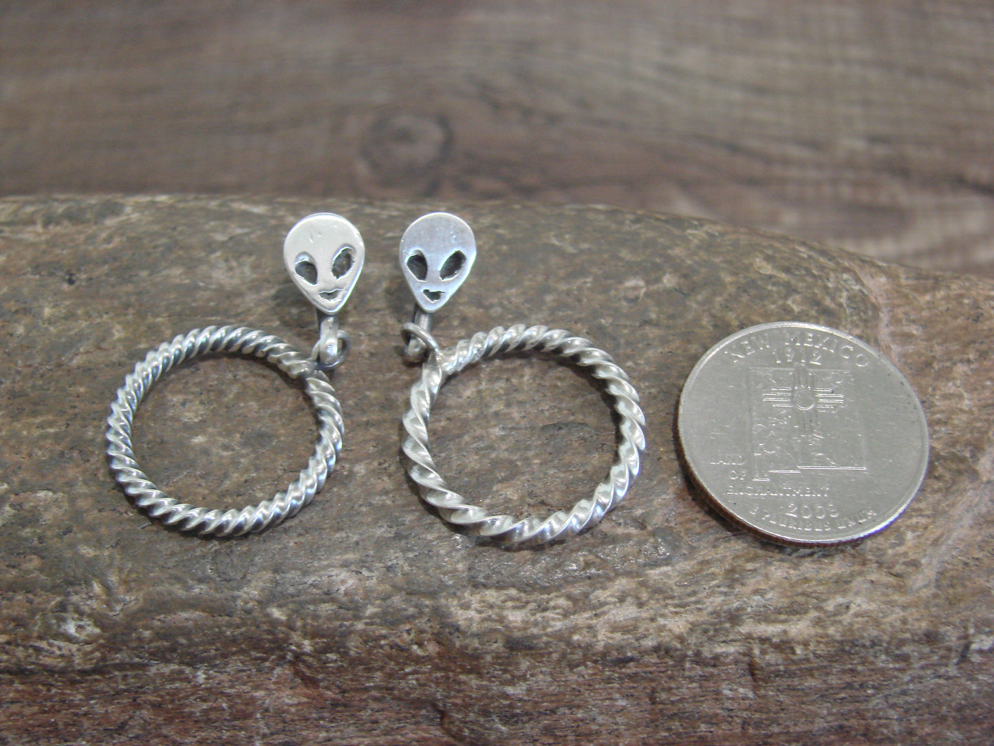 Native American Sterling Silver Alien Post Dangle Hoop Earrings - Coho