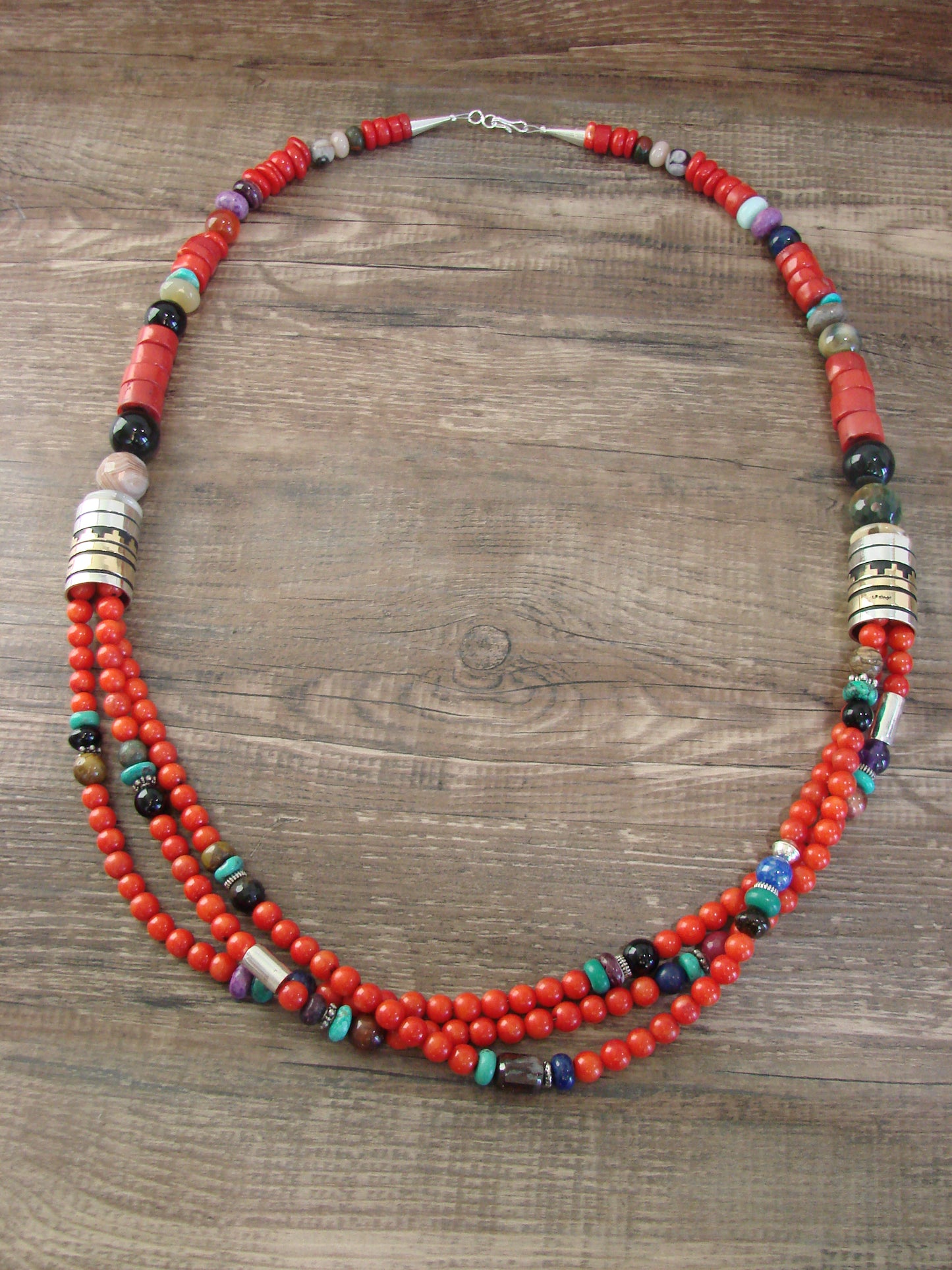 Native American Sterling Silver & Coral 30" Gemstone Necklace by Singer