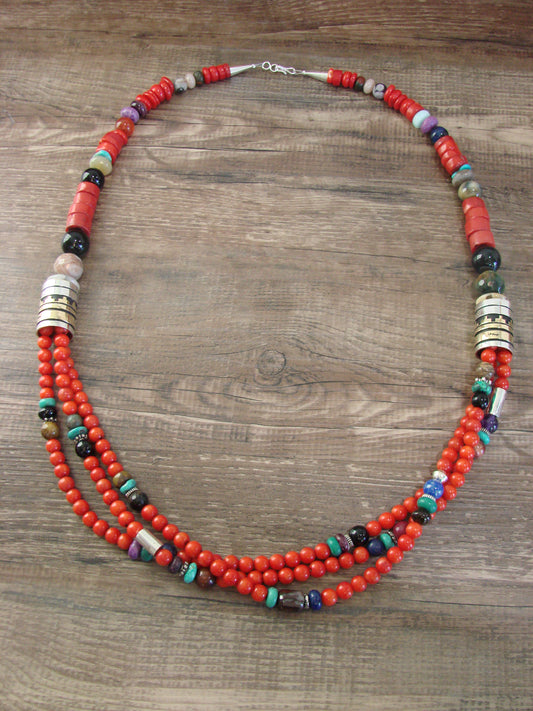 Native American Sterling Silver & Coral 30" Gemstone Necklace by Singer