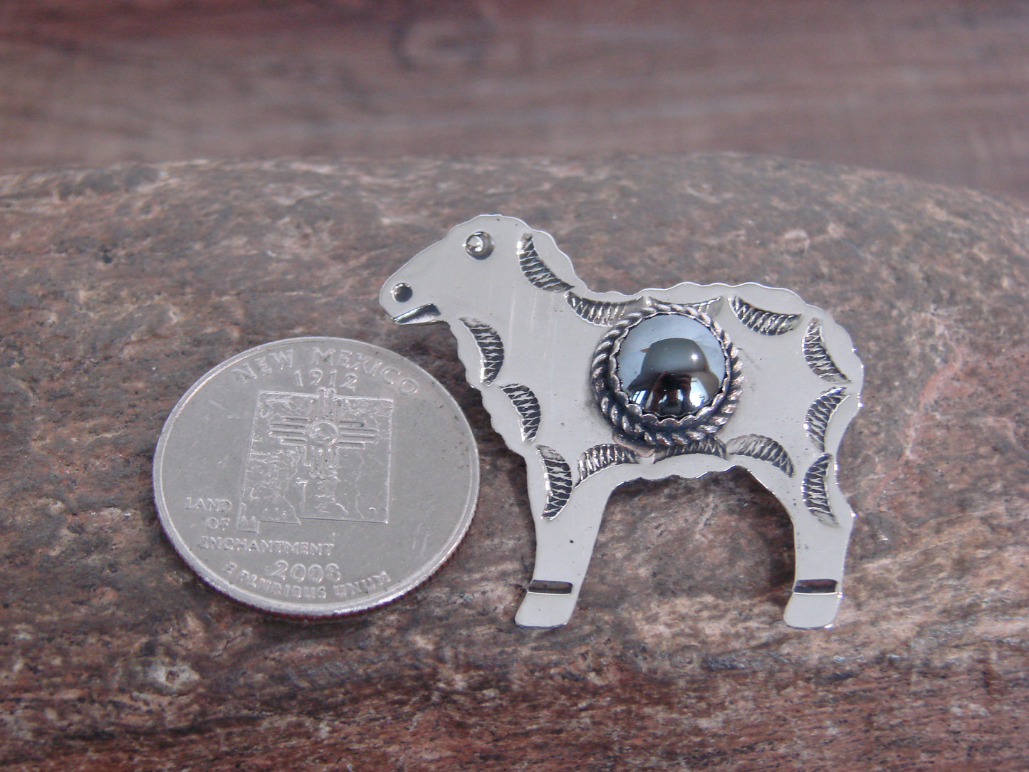 Native American Nickel Silver & Hematite Lamb Pin - Cleveland