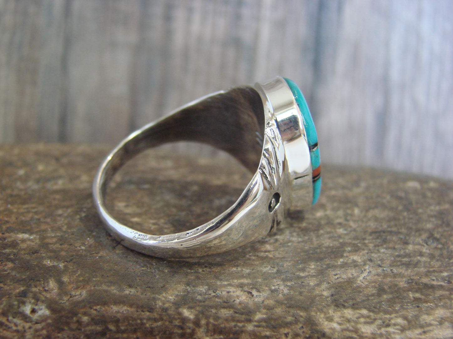 Native American Sterling Silver Turquoise Inlay Ring - Size 13 - Lincoln