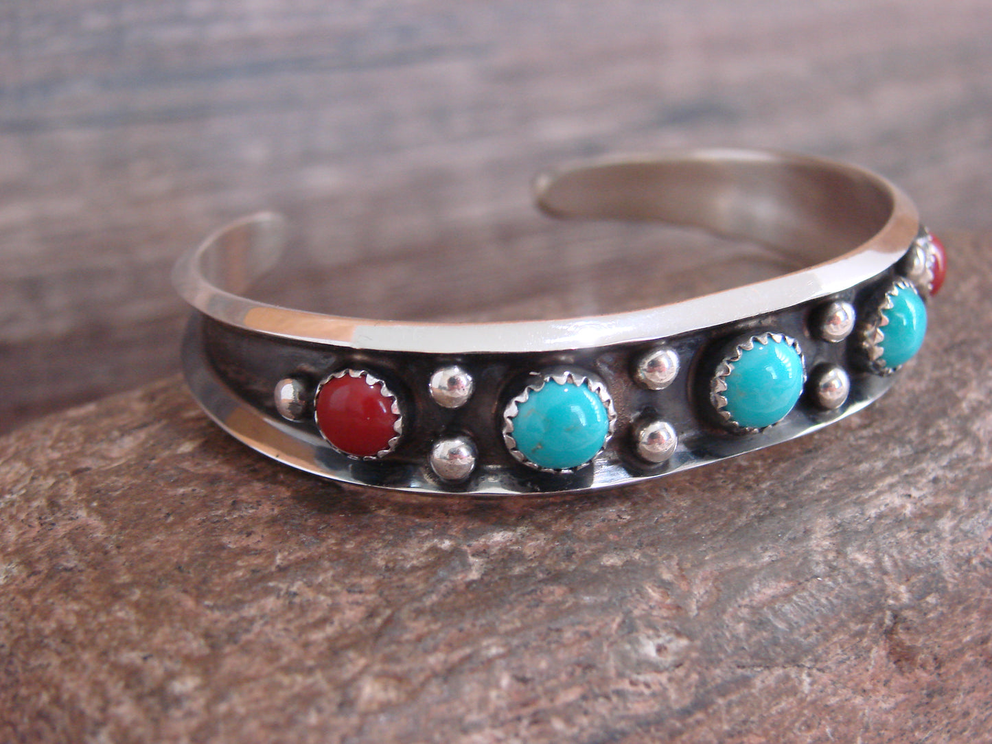 Native American Sterling Silver Turquoise & Coral Bracelet Cuff Signed Largo