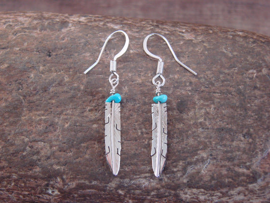 Native American Sterling Silver & Turquoise Feather Dangle Earrings - Arviso