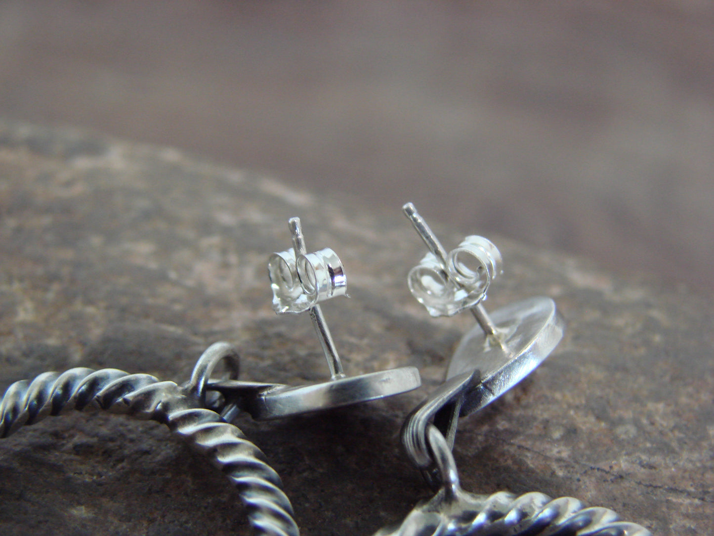 Native American Sterling Silver Alien Post Dangle Hoop Earrings - Coho