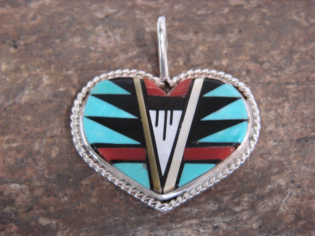 Native American Sterling Silver & Turquoise Inlay Heart Pendant by Booqua