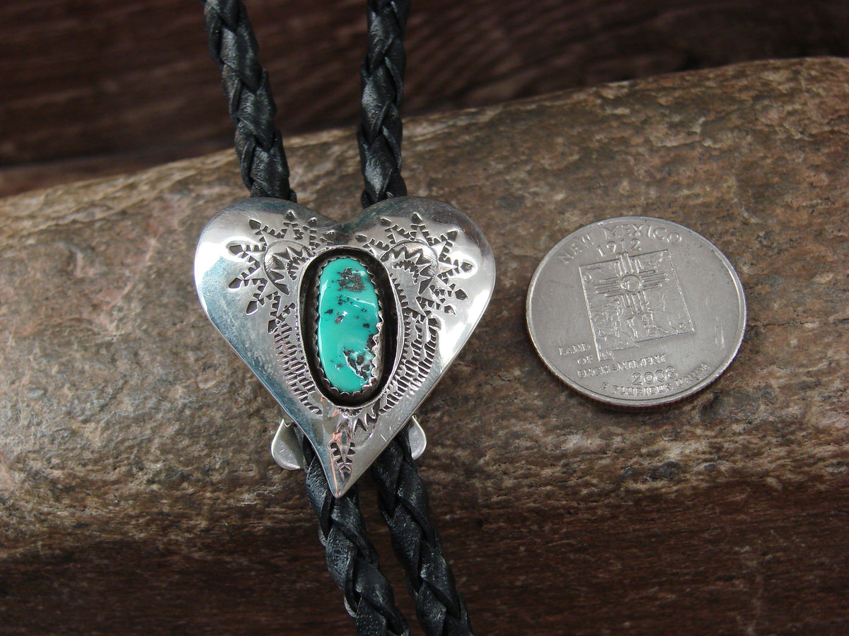 Native American Sterling Silver & Turquoise Heart Bolo Tie by Skeets