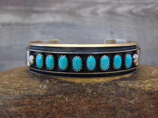 Navajo Indian Sterling Silver & Turquoise Row Bracelet Signed Leroy James