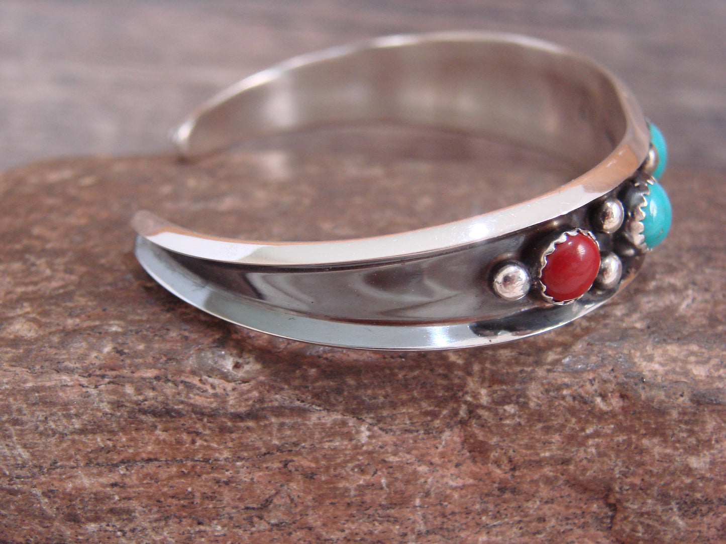 Native American Sterling Silver Turquoise & Coral Bracelet Cuff Signed Largo