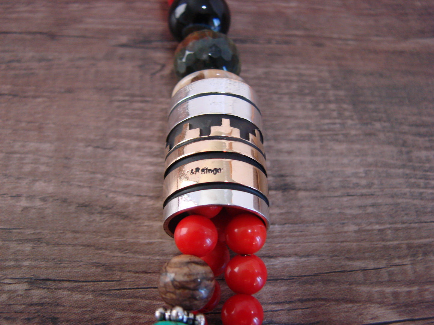 Native American Sterling Silver & Coral 30" Gemstone Necklace by Singer