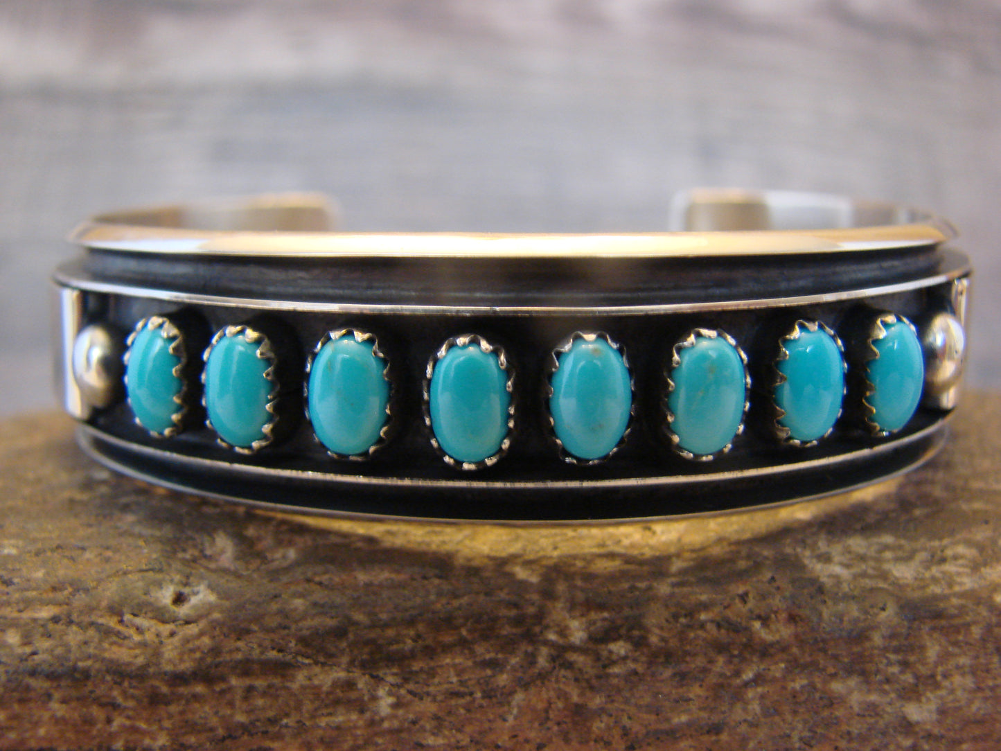 Navajo Indian Sterling Silver & Turquoise Row Bracelet Signed James