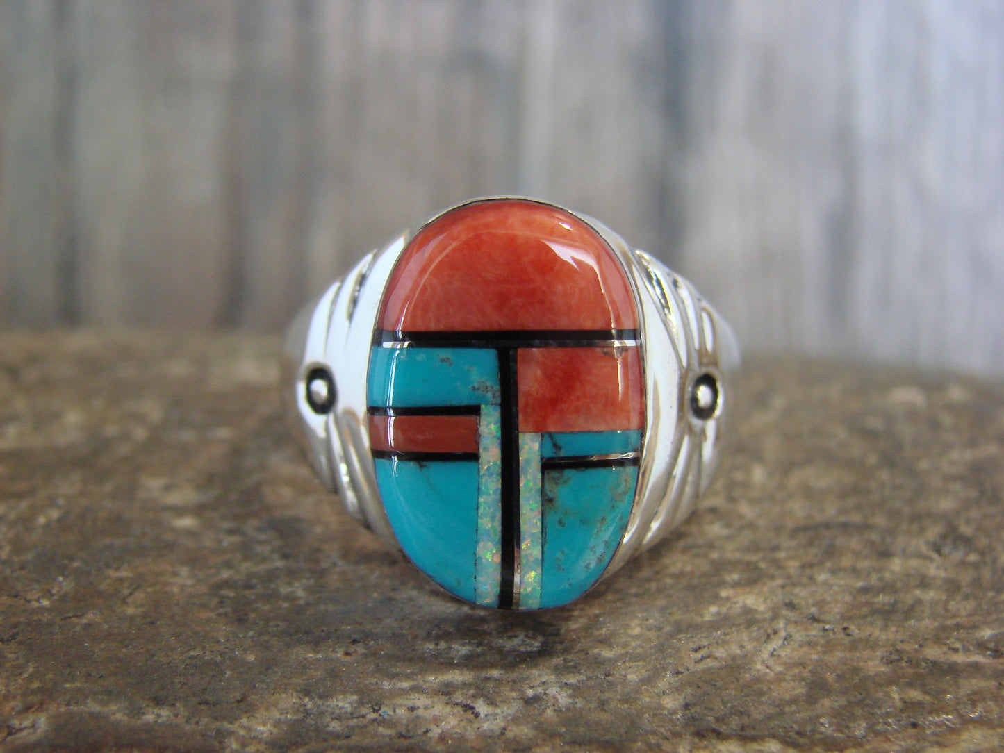 Native American Sterling Silver Turquoise Inlay Ring - Size 12.5 - Lincoln