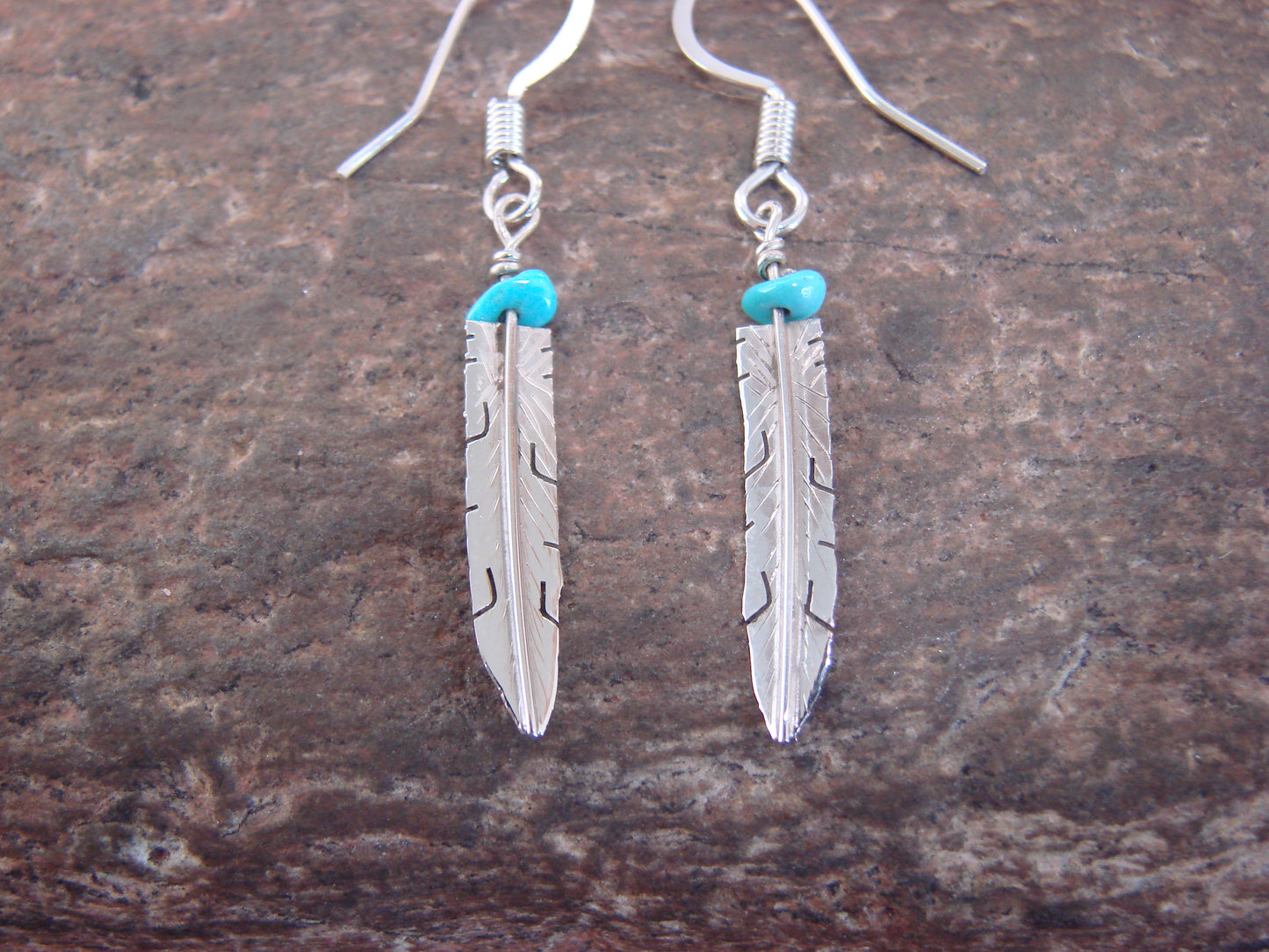 Native American Sterling Silver & Turquoise Feather Dangle Earrings - Arviso