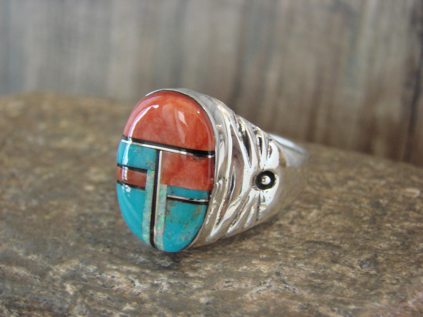 Native American Sterling Silver Turquoise Inlay Ring - Size 12.5 - Lincoln