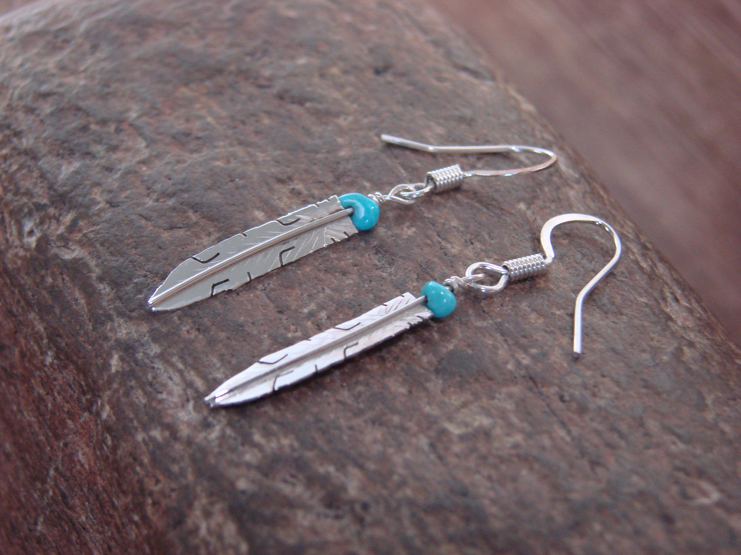 Native American Sterling Silver & Turquoise Feather Dangle Earrings - Arviso