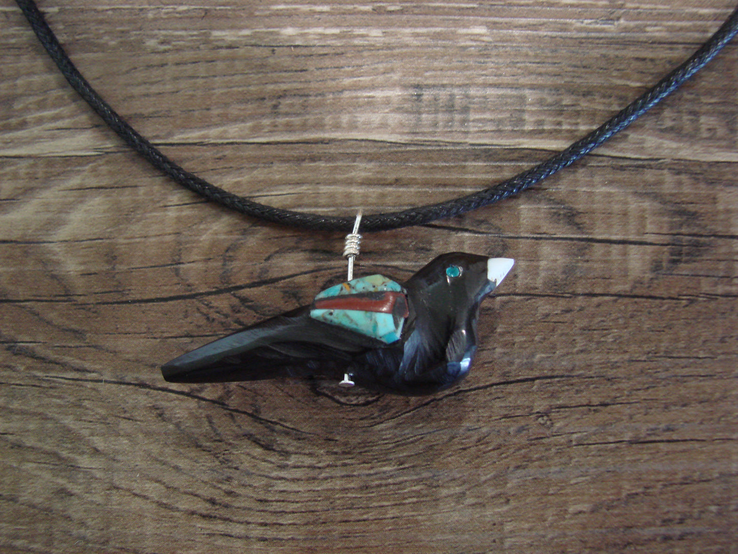 Hand Carved Adjustable Jet Magpie Fetish Necklace by Matt Mitchell
