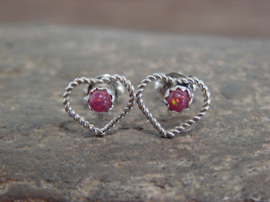 Native American Sterling Silver Pink Opal Heart Post Earrings - Pablito