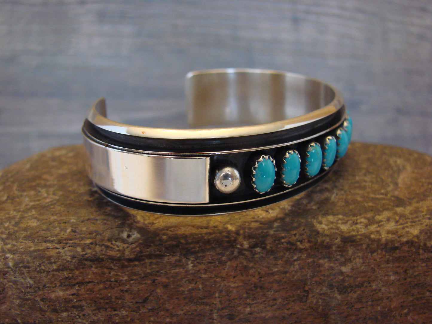 Navajo Indian Sterling Silver & Turquoise Row Bracelet Signed James