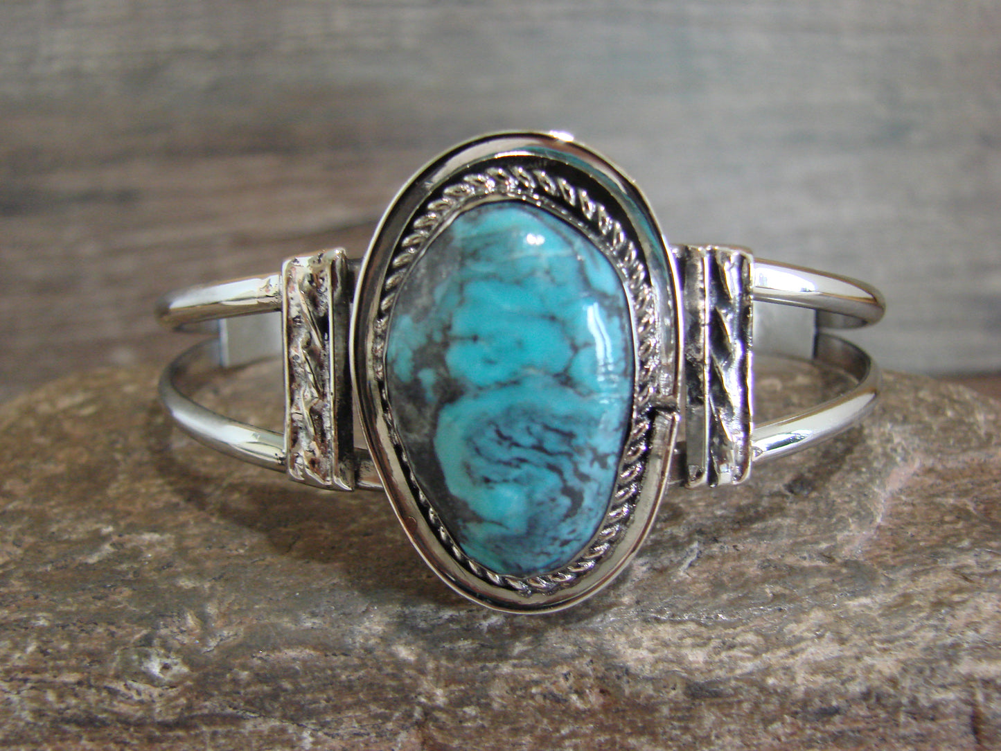 Native American Nickel Silver & Turquoise Bracelet by Cleveland