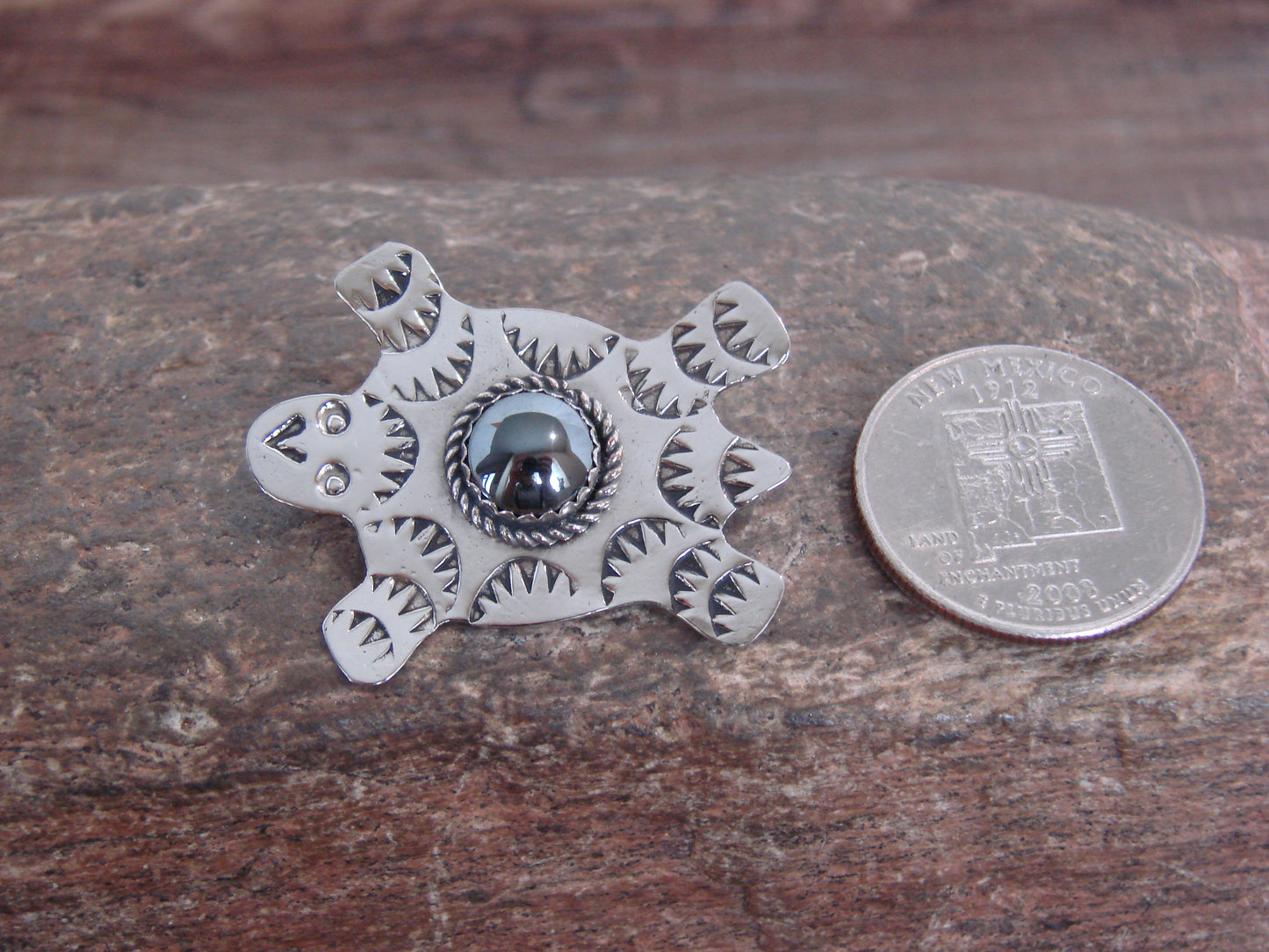Native American Nickel Silver & Hematite Turtle Pin - Cleveland