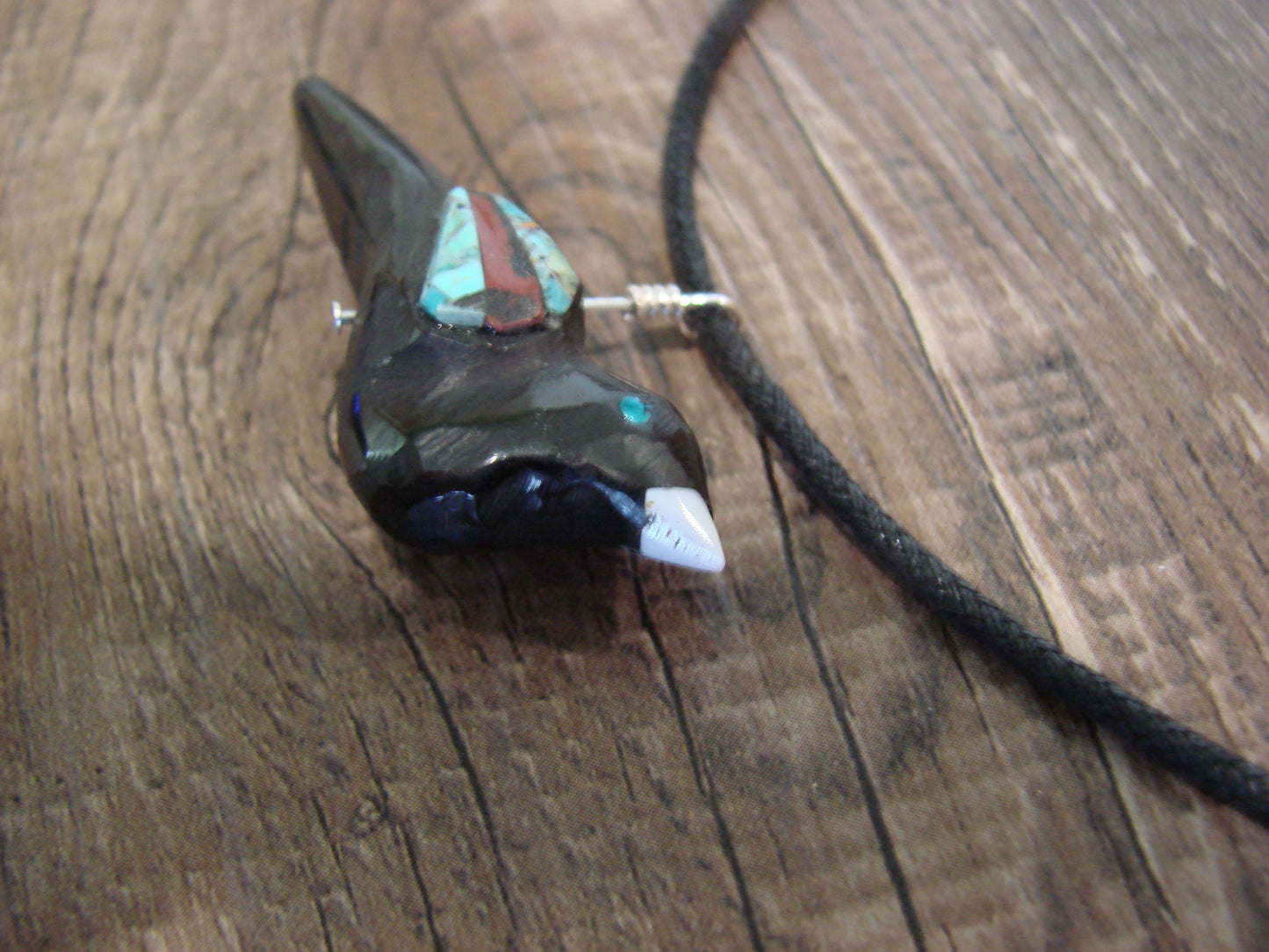 Hand Carved Adjustable Jet Magpie Fetish Necklace by Matt Mitchell