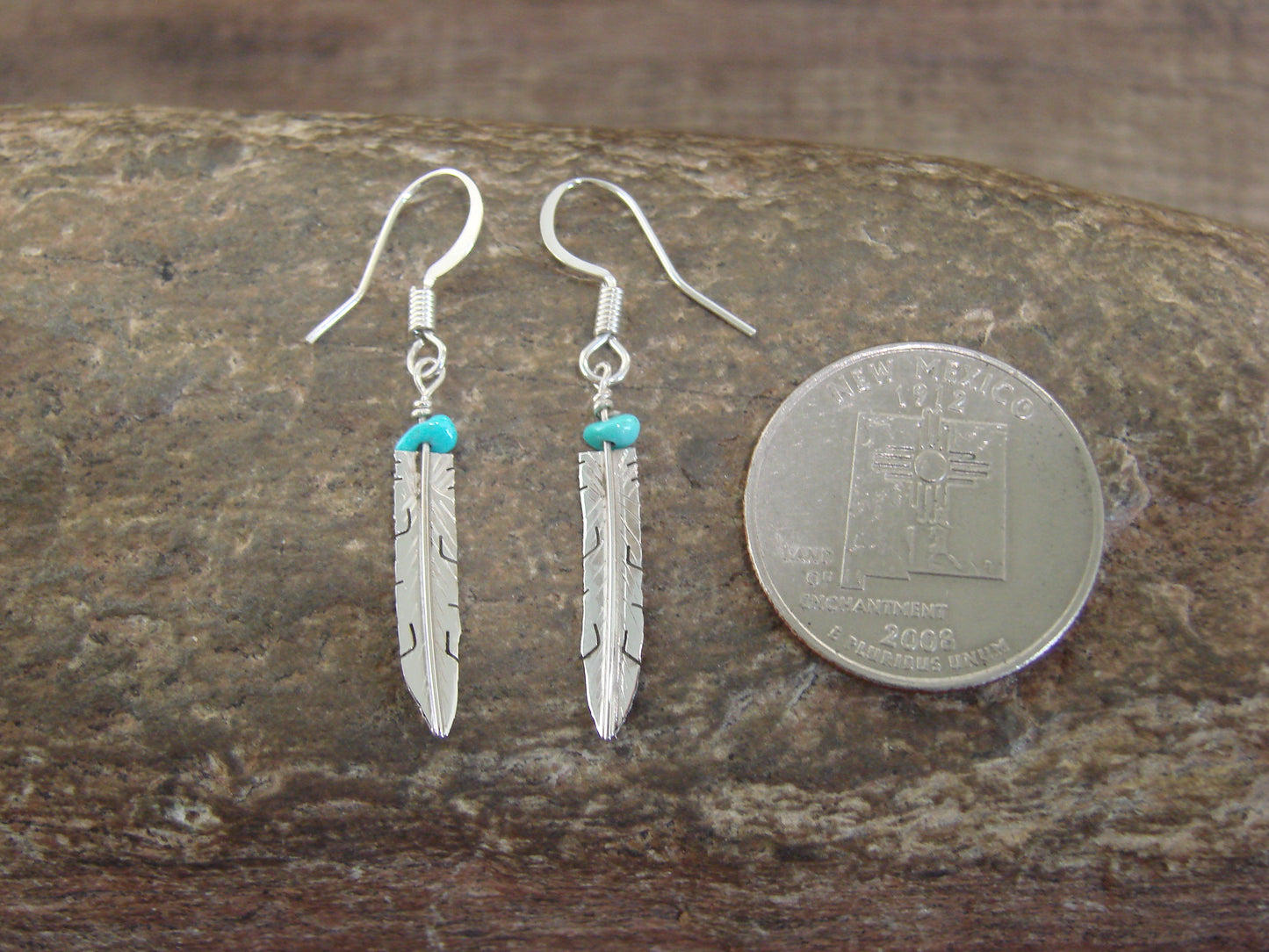 Native American Sterling Silver & Turquoise Feather Dangle Earrings - Arviso
