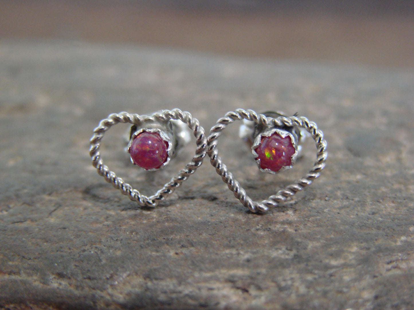 Native American Sterling Silver Pink Opal Heart Post Earrings - Pablito