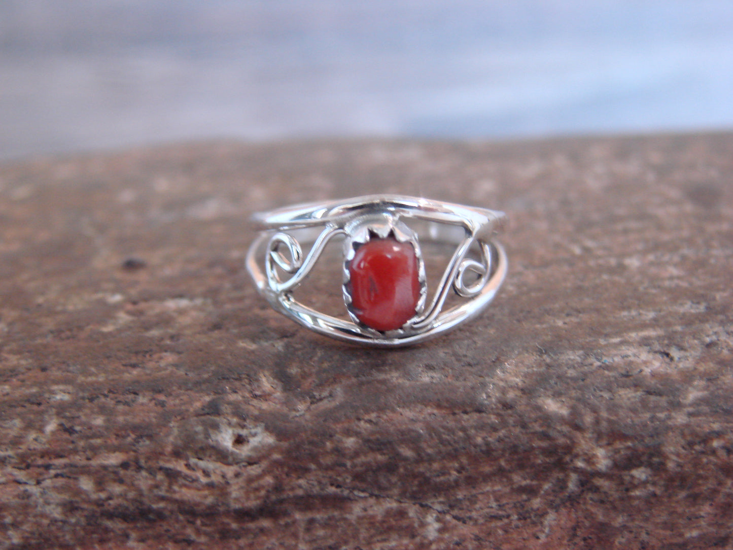 Native American Sterling Silver & Coral Ring Size 3.5 by Lincoln