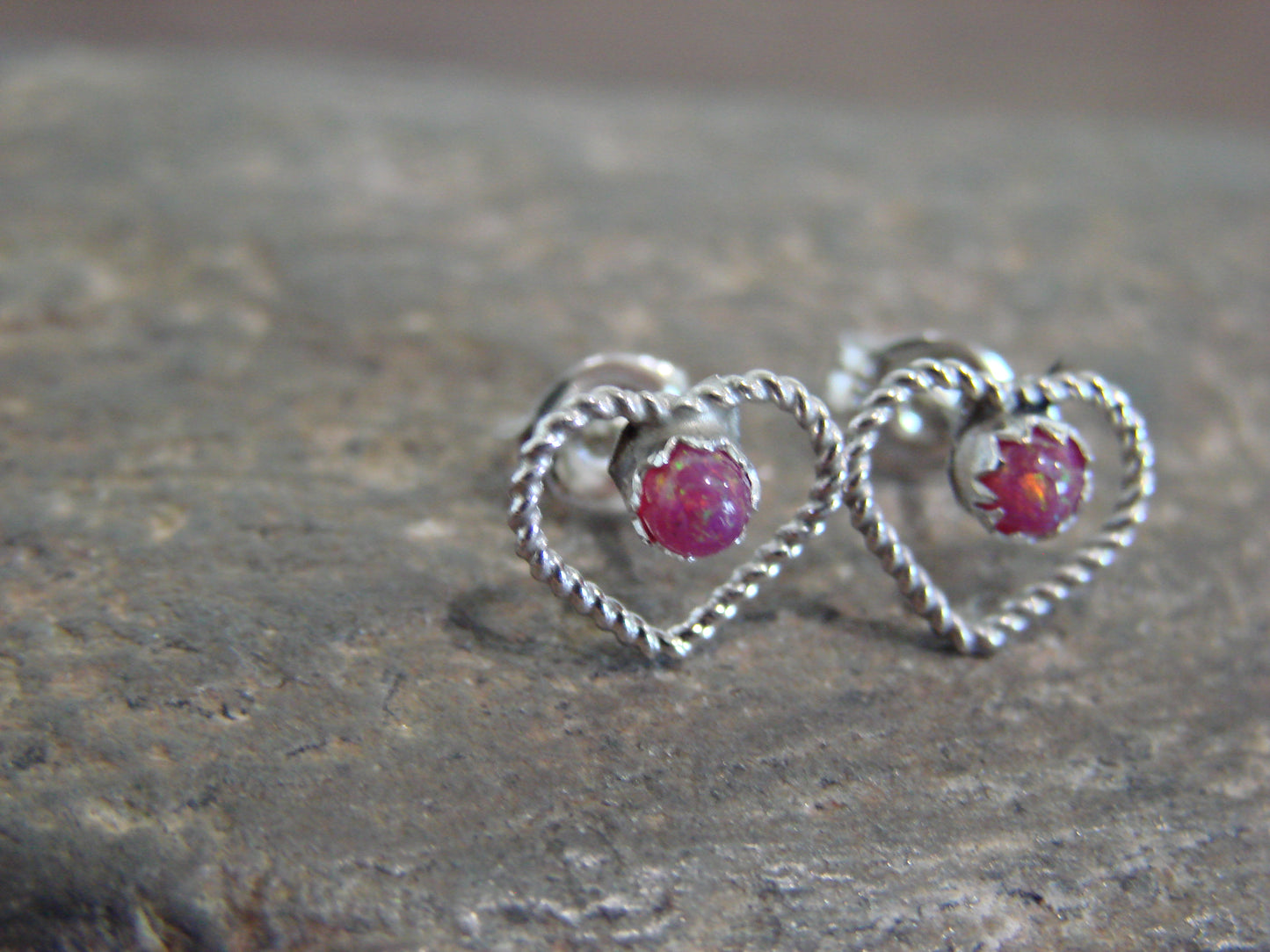 Native American Sterling Silver Pink Opal Heart Post Earrings - Pablito