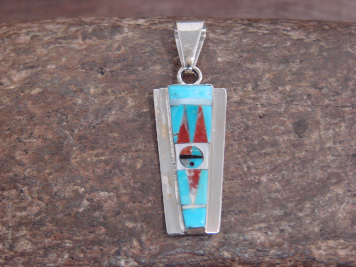 Native American Sterling Silver & Turquoise Inlay Sunface Pendant - Edaakie