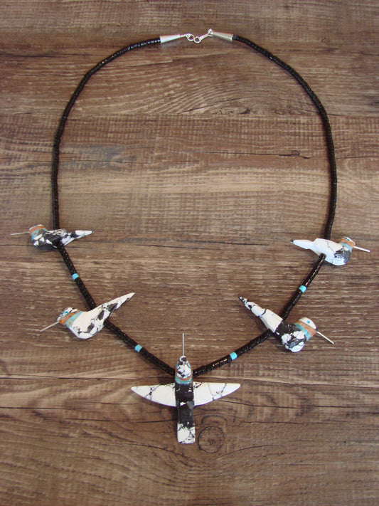 Hand Carved White Marble Turquoise Hummingbird Fetish Necklace Matt Mitchell