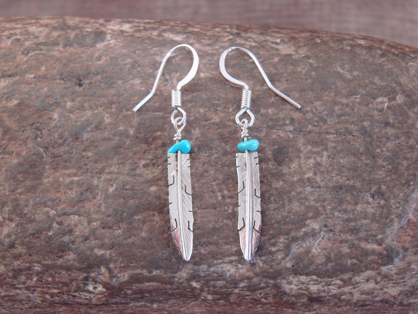 Native American Sterling Silver & Turquoise Feather Dangle Earrings - Arviso