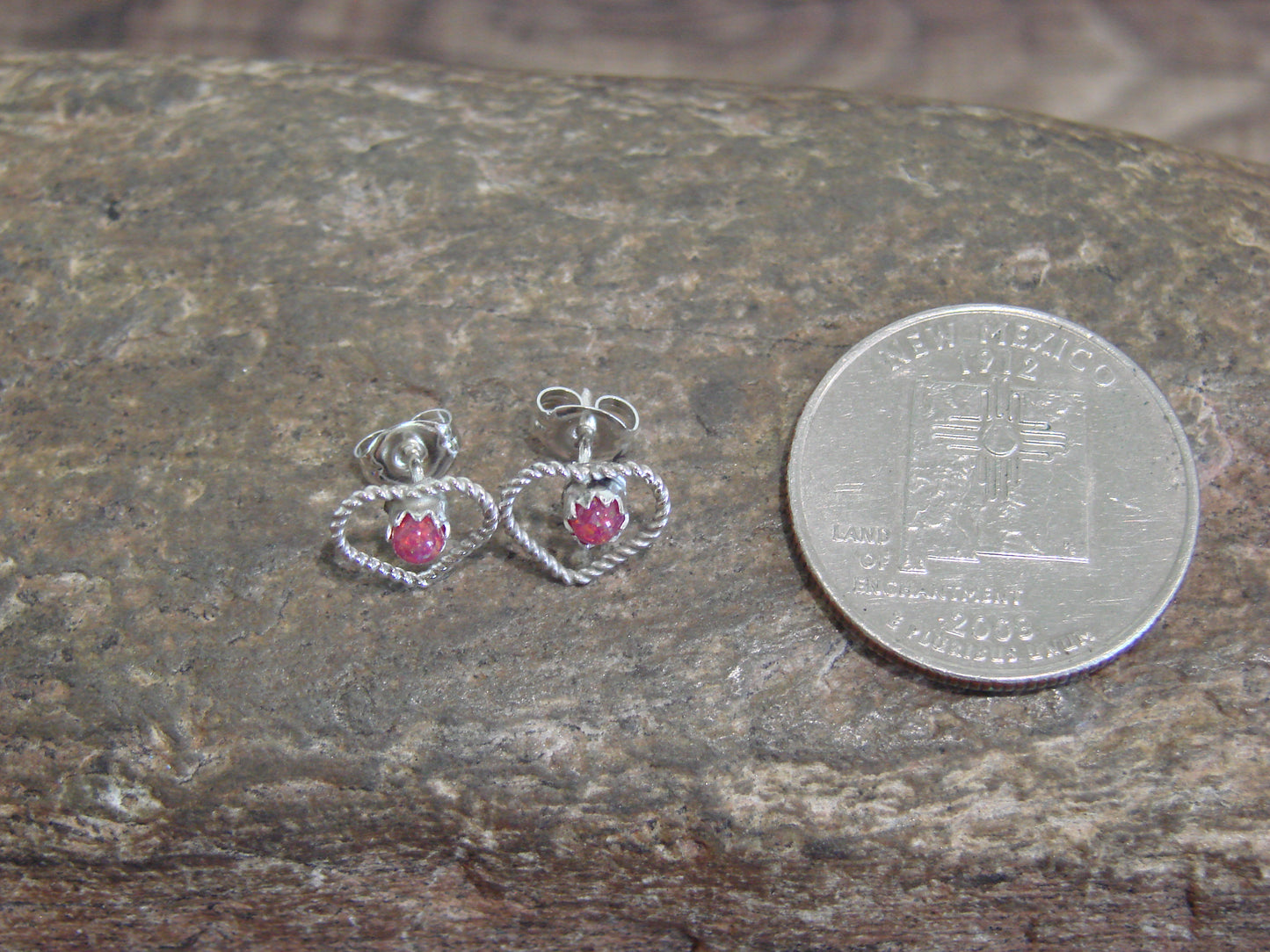 Native American Sterling Silver Pink Opal Heart Post Earrings - Pablito