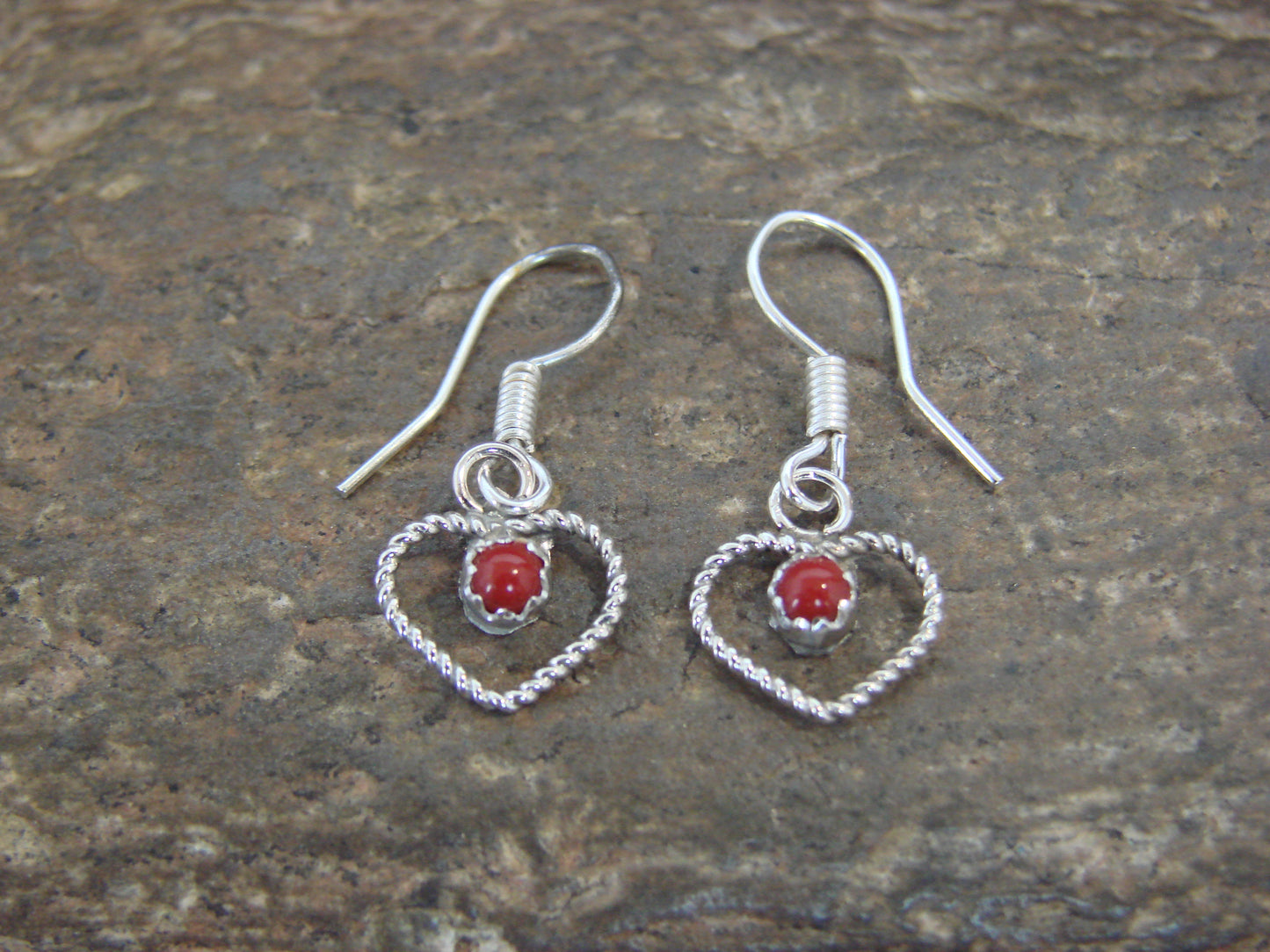 Native American Sterling Silver & Coral Heart Dangle Earrings - Pablito