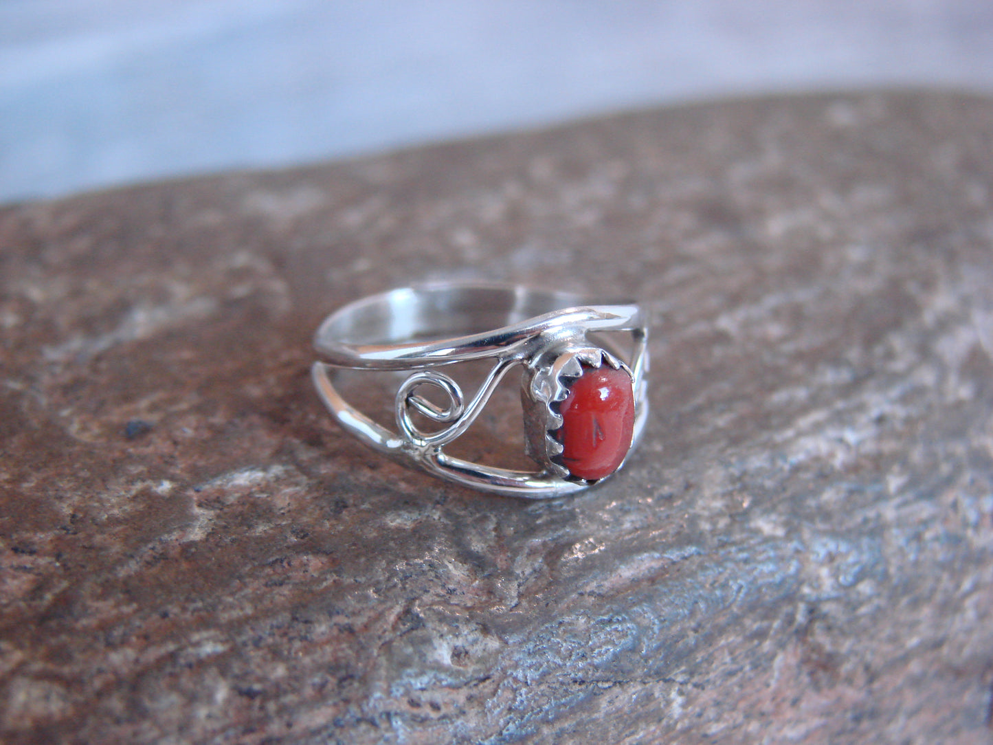 Native American Sterling Silver & Coral Ring Size 3.5 by Lincoln